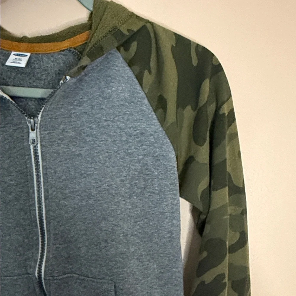 Old Navy Gray Zip Hoodie with Green Camo Sleeves